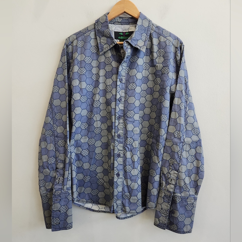 Tripp NYC Button Shirt Long Sleeve Blue Gray Geometric Honeycomb Men's Small